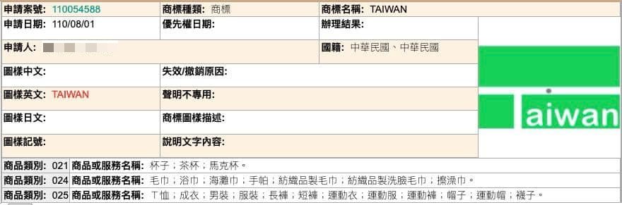 有人搶先將圖像「Taiwan in!」註冊智慧商標。(圖/翻攝自「爆廢公社公開版」臉書)