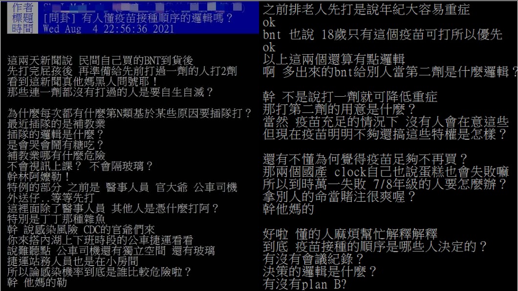網友認為,疫苗施打常被插隊,質疑接種順序到底是誰決定的。(圖/翻攝自PTT)