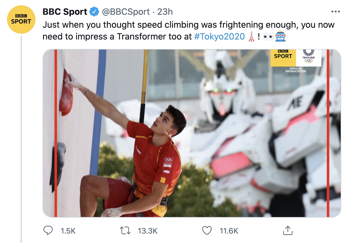 外媒BBC誤把台場鋼彈認為變形金剛遭網友虧爆。(圖/翻攝自BBC Sport推特)
