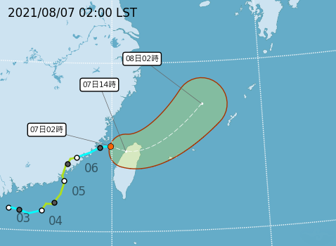 今(7)日凌晨2時低氣壓路徑潛勢預測圖。(圖/翻攝自氣象局網站)