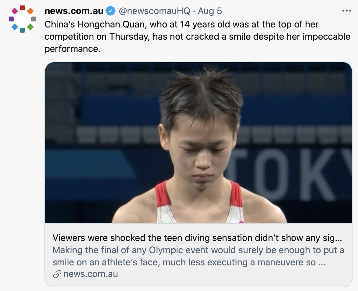 澳媒報導全紅嬋獲得高分後仍面無表情。(圖/翻攝自《news.com.au》推特)