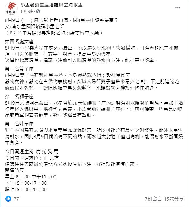 小孟老師分析運勢。(圖/翻攝自小孟老師星座塔羅牌之清水孟臉書)