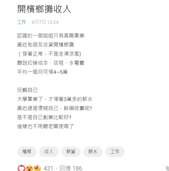 網友透露友人開檳榔攤的收入。（圖／翻攝自Dcard）