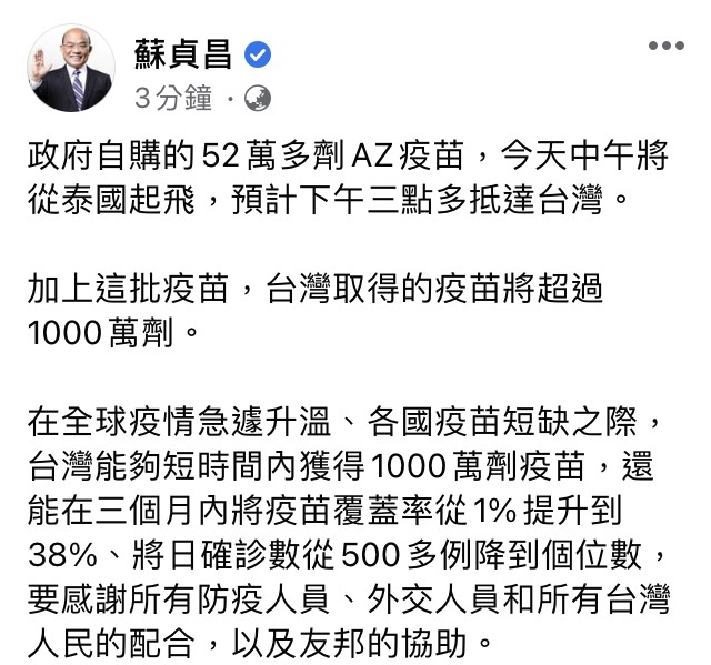 行政院長蘇貞昌在臉書證實,今日有52萬劑AZ將會到貨。(圖/翻攝蘇貞昌臉書)