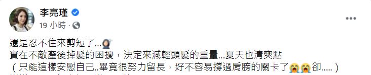李亮瑾崩潰說,不敵產後掉髮的困擾。(圖/翻攝自李亮瑾臉書)