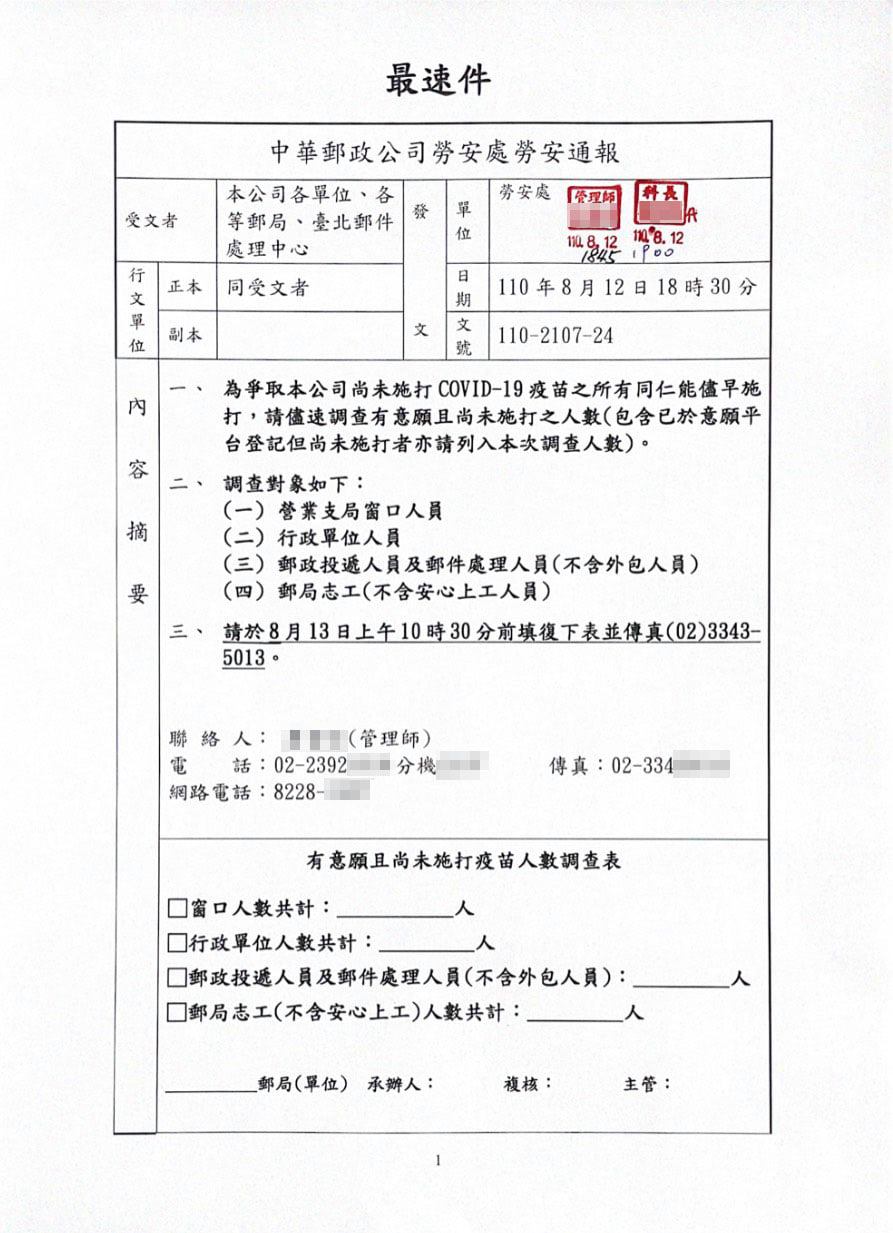 郵局昨日又再次調查基層接種疫苗意願。(圖/翻攝台灣郵政產業工會臉書)