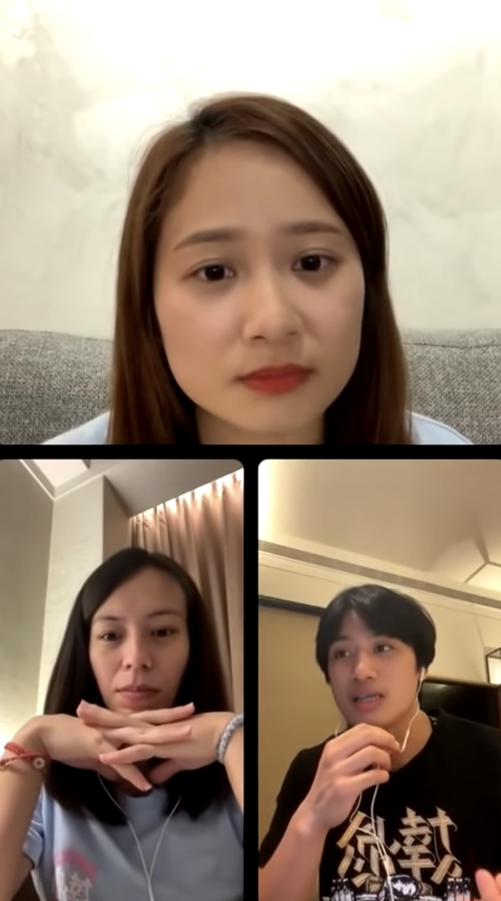 郭婞淳（左下）、陳念琴（右下）與李逸涵（上）一起開直播。（圖／翻攝自啟程國際運動行銷YouTube）