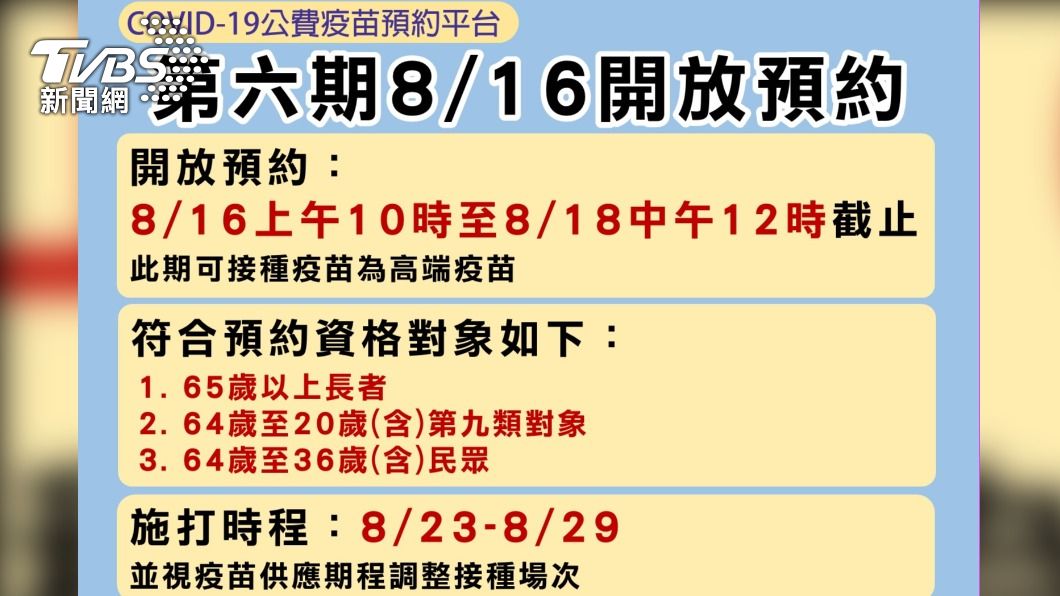 8/16第六期公費疫苗預約平台開放預約。(圖/中央流行疫情指揮中心)