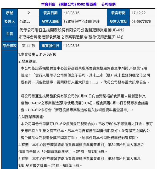 聯亞發布重大訊息。(圖/翻攝自公開資訊觀測站)