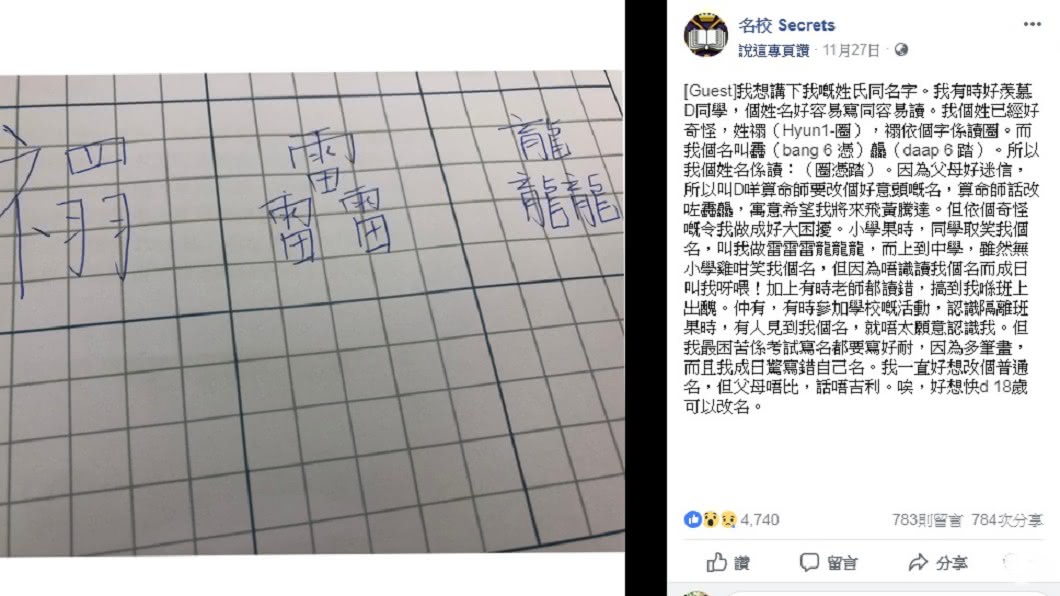 該網友曾向父母親要求改名但卻遭到拒絕。(圖/翻攝自臉書粉絲專頁「名校 Secrets」)