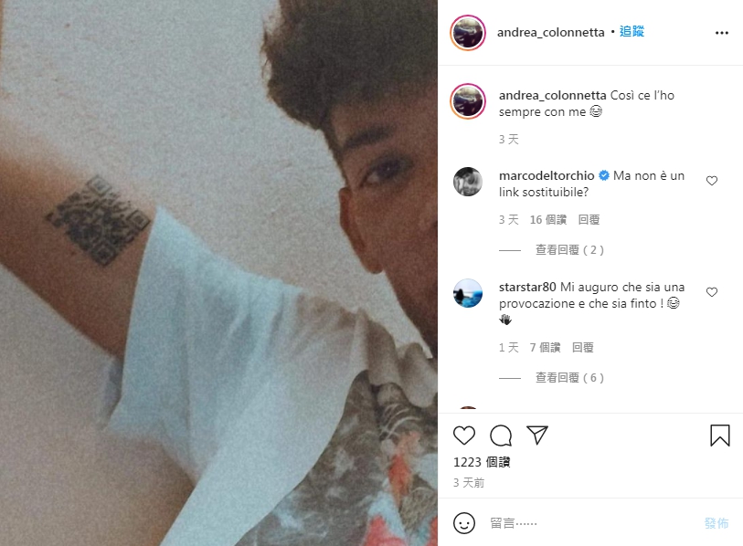 柯隆內塔於個人Instagram開心展示自己的新刺青。(圖/翻攝自Andrea Colonnetta Instagram @ andrea_colonnetta)