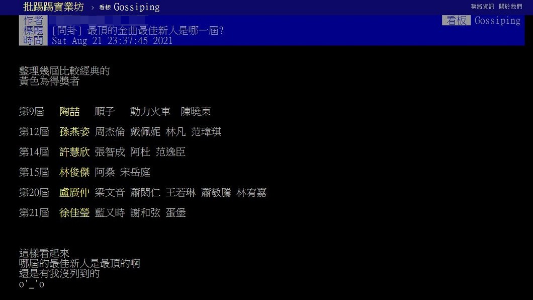 有網友好奇發文歷屆金曲獎哪屆新人最猛。(圖/翻攝自PTT)