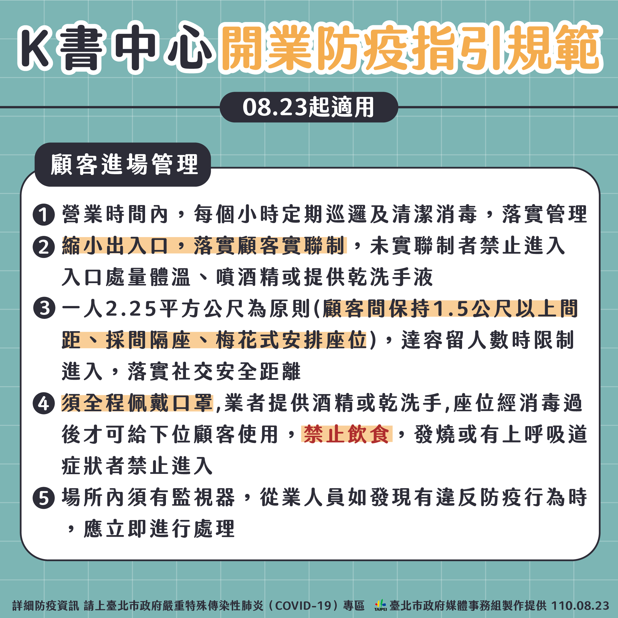 K書中心開業防疫指引規範。（圖／台北市政府） 