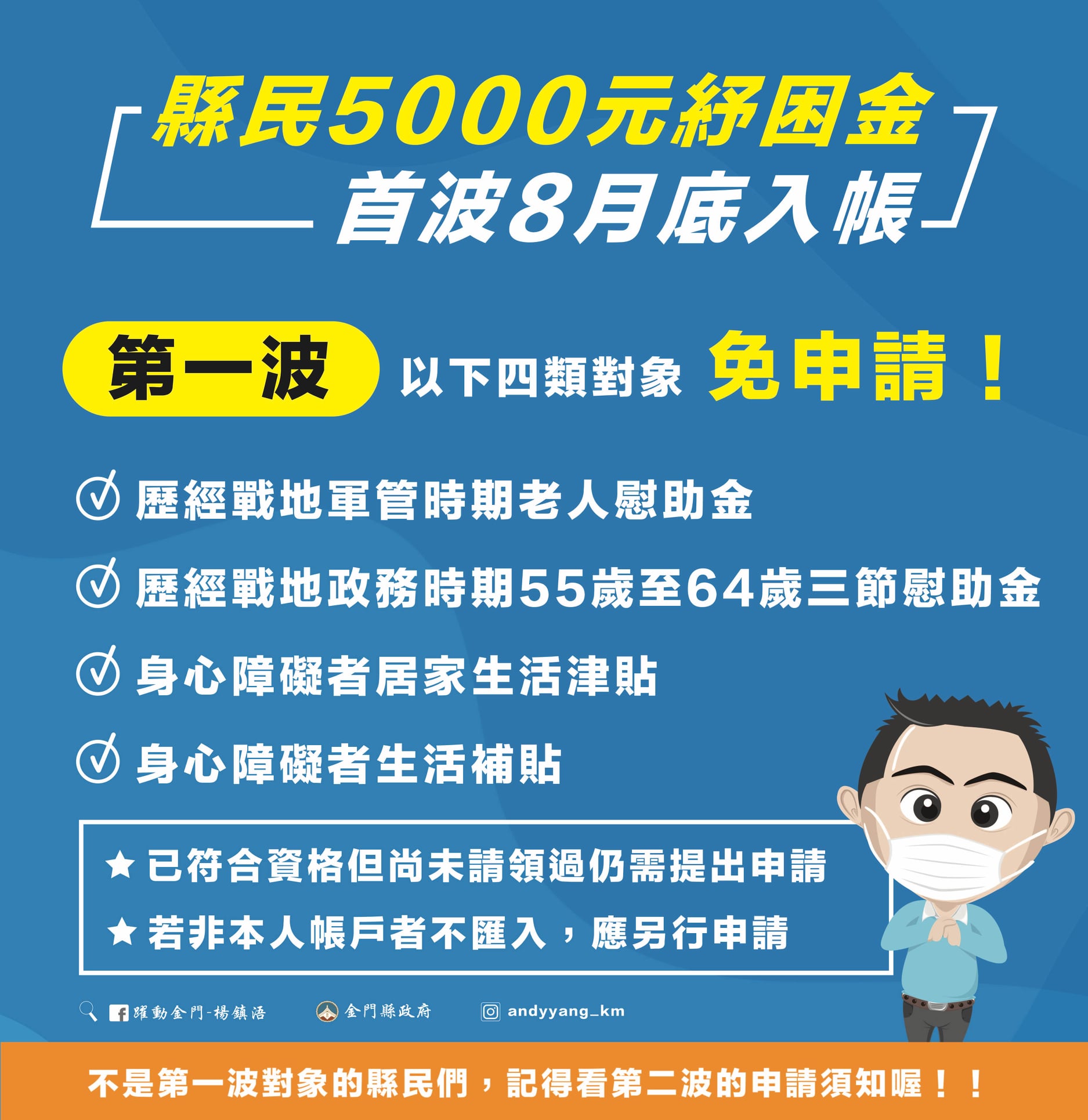 金門縣有4類人不用申請就可能到現金5000元。(圖/翻攝自楊鎮浯臉書)