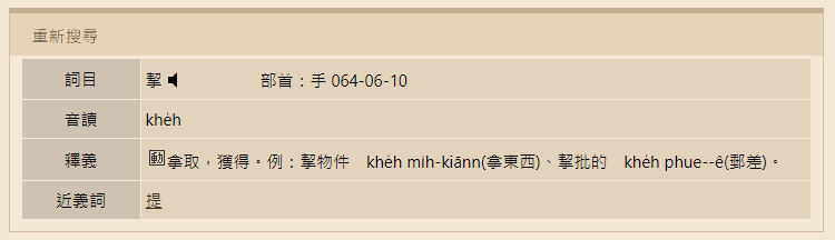 「ㄎㄟ」就是「挈」(khe̍h),同樣有拿取、獲得的意思。 (圖/翻攝自教育部臺灣閩南語常用詞辭典)