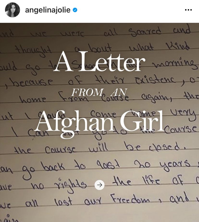 安潔莉娜裘莉（Angelina Jolie）收到一封阿富汗少女的求救信。（圖／翻攝自 angelinajolie IG）