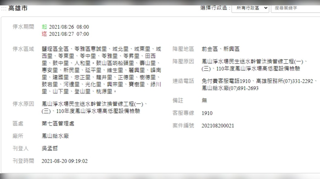 高雄826將大停水。(圖/翻攝自自來水公司)