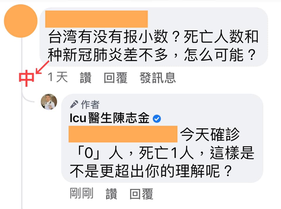 網友質疑蓋牌低報確診人數。(圖/翻攝自Icu醫生陳志金Facebook)