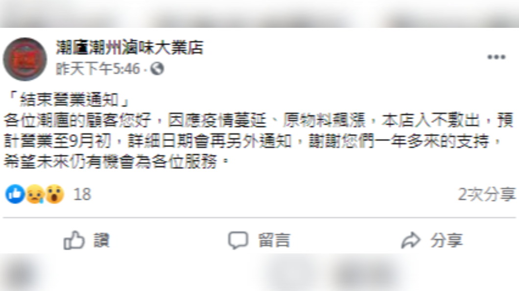 洋蔥投資之滷味店宣布結束營業。(圖/翻攝自潮廬潮州滷味大業店Facebook)
