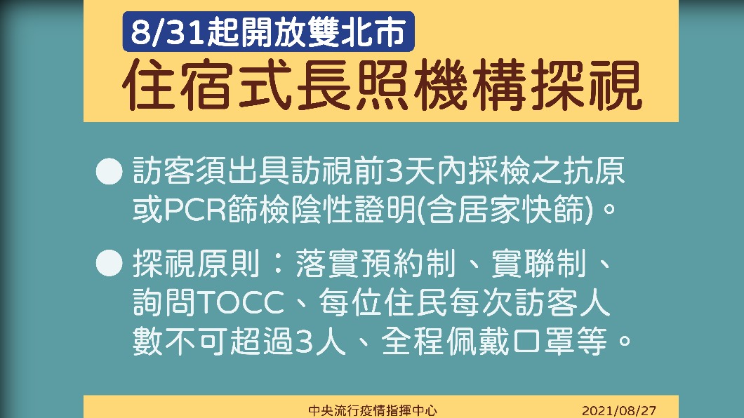 8/31起開放雙北市住宿式長照機構探視。(圖/中央流行疫情指揮中心)