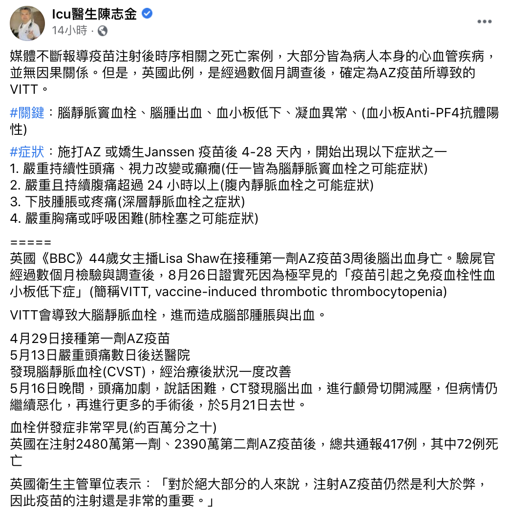 貼文引起網友關注。(圖/翻攝自Icu醫生陳志金臉書)
