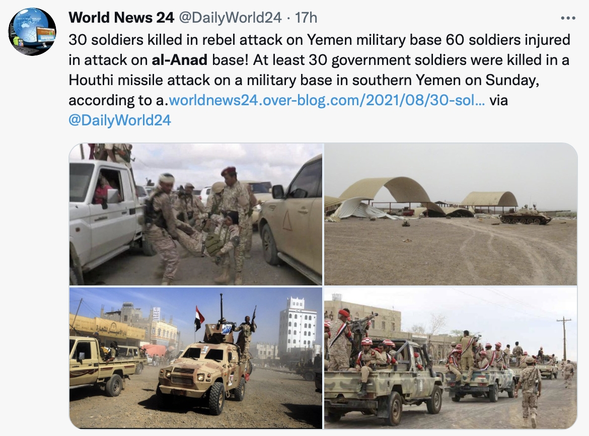 葉門基地遭胡塞武裝組織攻擊,至少30名士兵罹難。(圖/翻攝自@DailyWorld24推特)