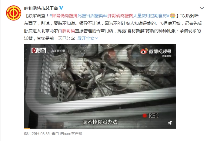 餐廳將前一天未販售完的死蟹當現殺活蟹販售。(圖/翻攝自呼和浩特市总工会微博)