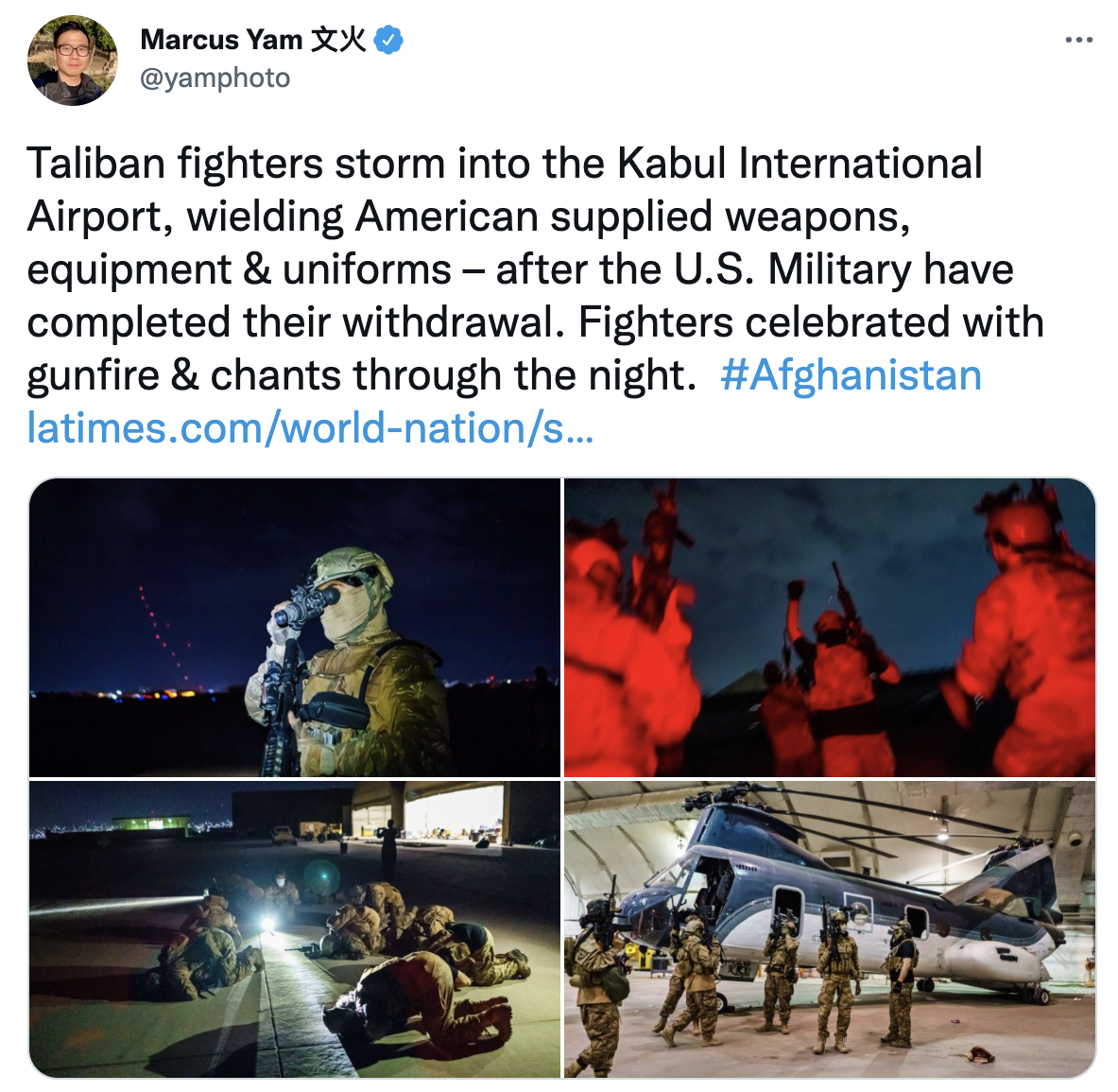 外媒記者發出塔利班戰士歡慶美軍撤離,並拿下美軍遺留軍武。(圖/翻攝自推特@yamphoto)
