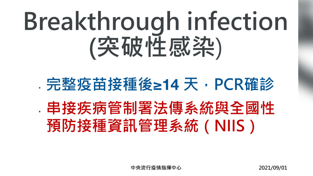 突破性感染，完整疫苗接種後≥14天PCR確診。（圖／中央流行疫情指揮中心）