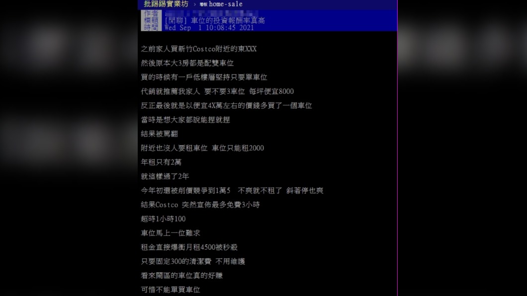 原PO發文透露自從好市多宣布將實施停車收費制後,自家車位租金暴漲。(圖/翻攝自PTT)