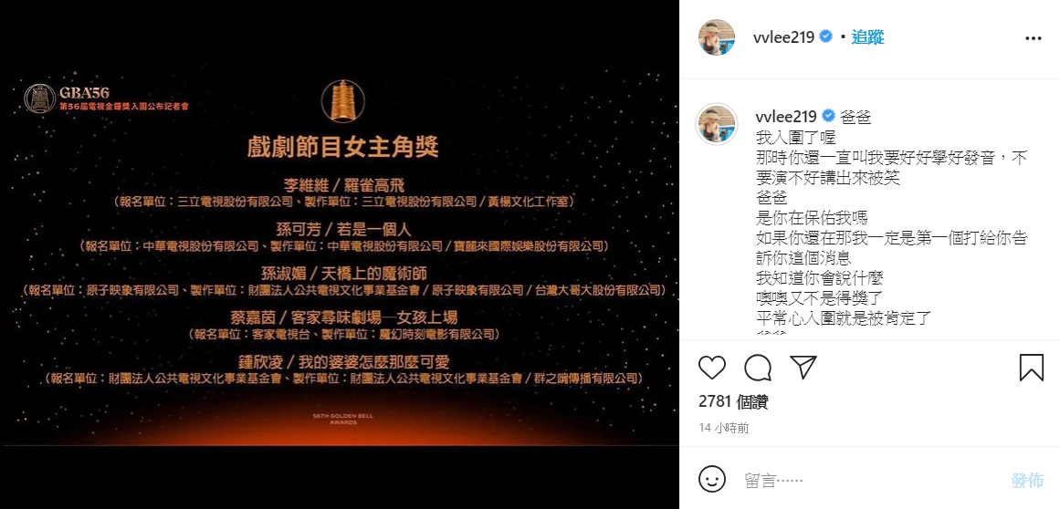 李維維在IG向已逝的父親喊話。(圖/翻攝自李維維臉書)
