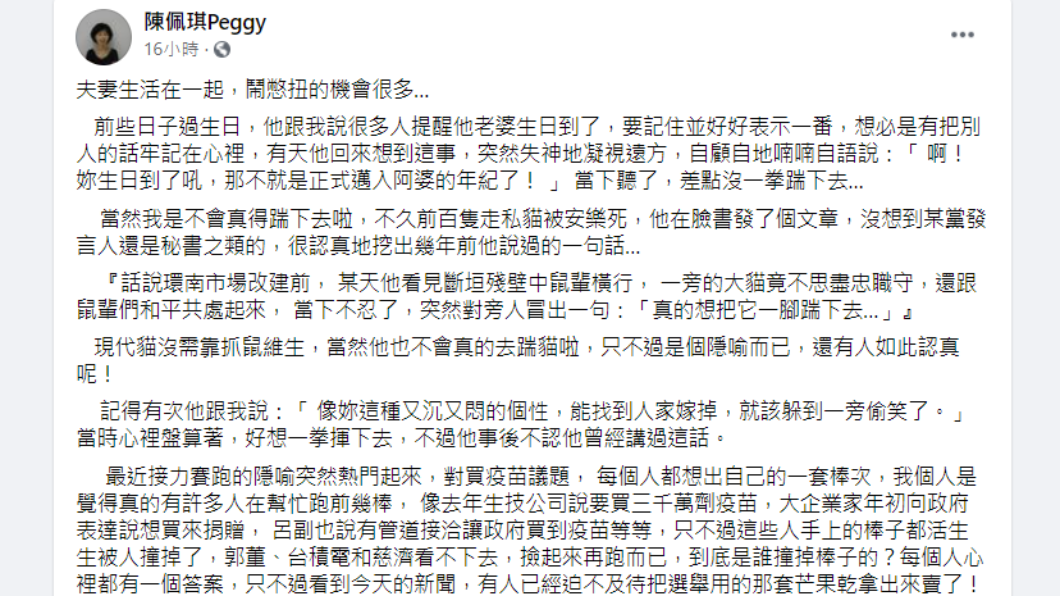 陳佩琪發文。（圖／翻攝自陳佩琪Peggy Facebook）