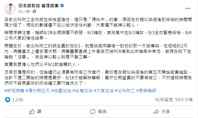 毒理專家招名威認為北科附工全數陰性仍不能鬆懈。(圖/翻攝自「招名威教授 毒理威廉」臉書)