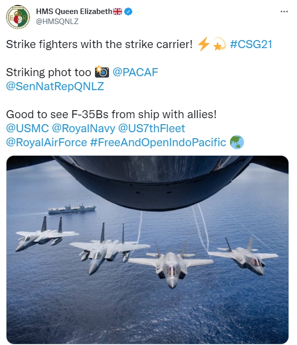 英國航空母艦伊莉莎白女王號於推特官方帳號分享F-35B匿蹤戰機演習畫面。（圖／翻攝自 HMS Queen Elizabeth 推特 @HMSQNLZ）