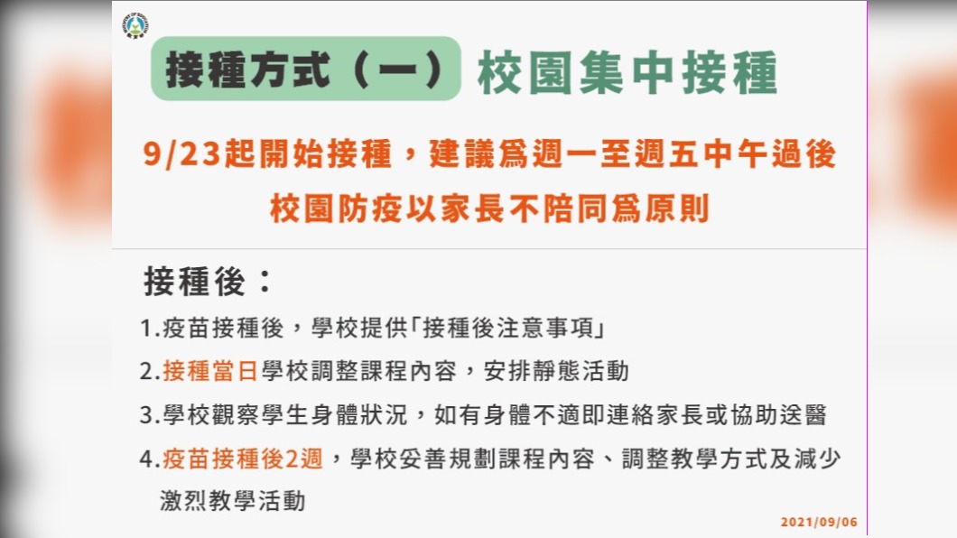 接種方式一,校園集中接種。(圖/中央流行疫情指揮中心)