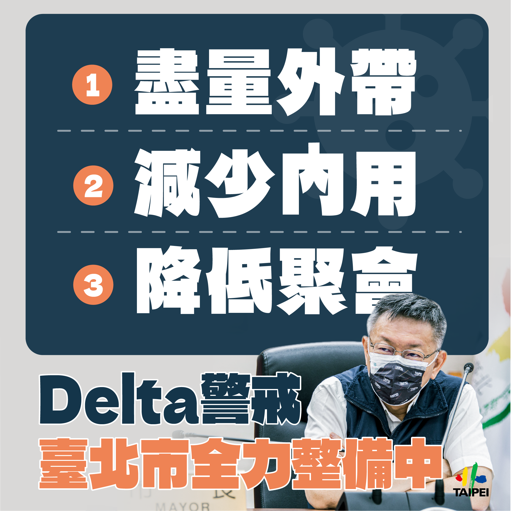Delta警戒,台北市全力整備中,減少外帶、內用與降低聚食。(圖/台北市政府)