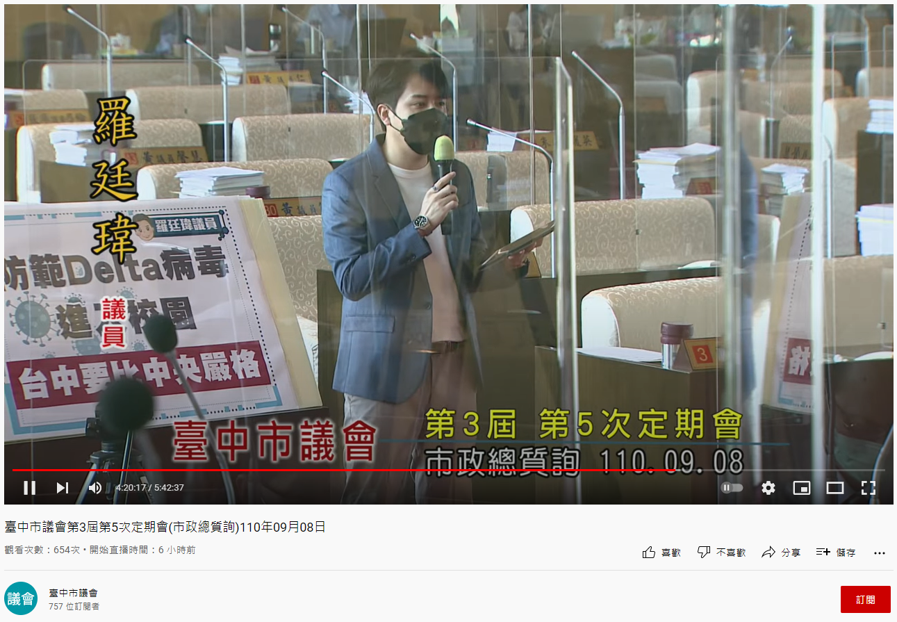 市議員羅廷瑋建議中市府超前部屬。(圖/翻攝自臺中市議會YouTube)