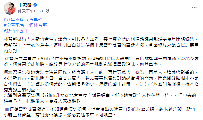 (圖/翻攝自王鴻薇臉書)
