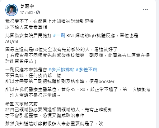 姜冠宇曝光國外安養院居民接種BNT第一劑抗體數據。(圖/翻攝自姜冠宇臉書)