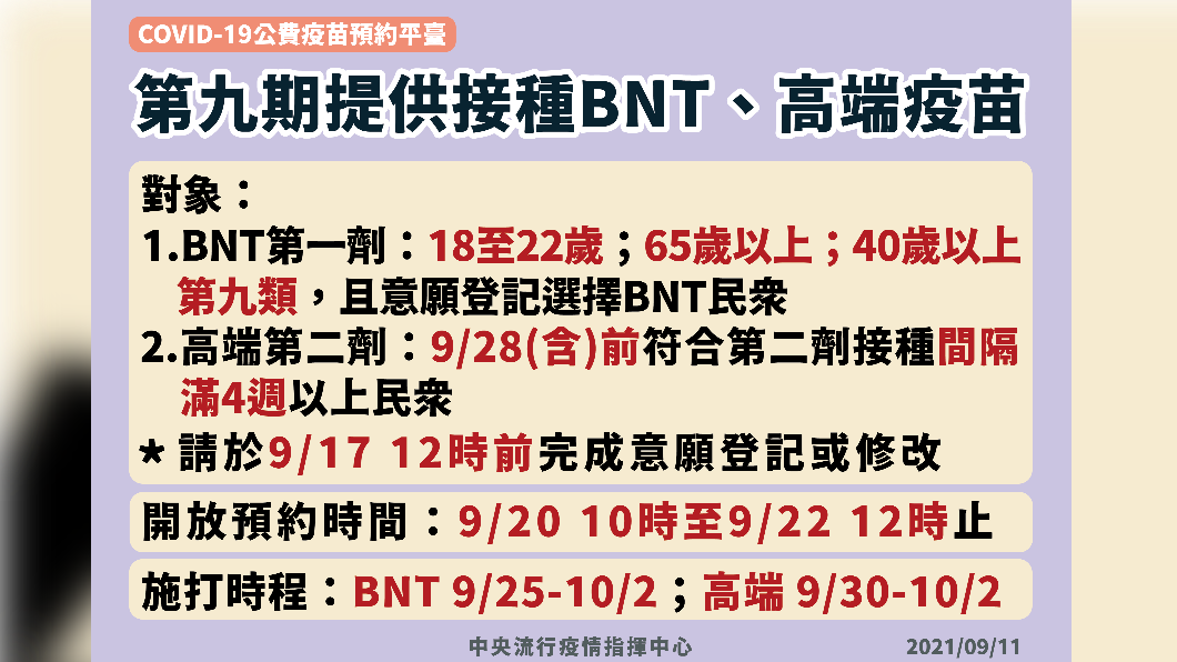 第九期提供接種BNT、高端疫苗。(圖/中央流行疫情指揮中心)