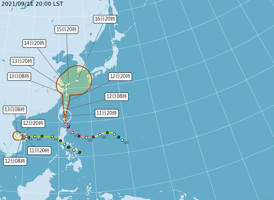 中度颱風璨樹20時路徑。(圖/翻攝自中央氣象局)