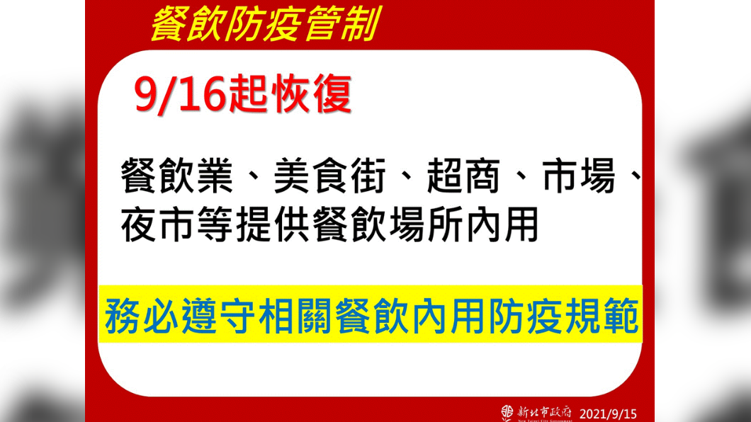 餐飲防疫管制,16日起恢復內用。(圖/新北市政府)