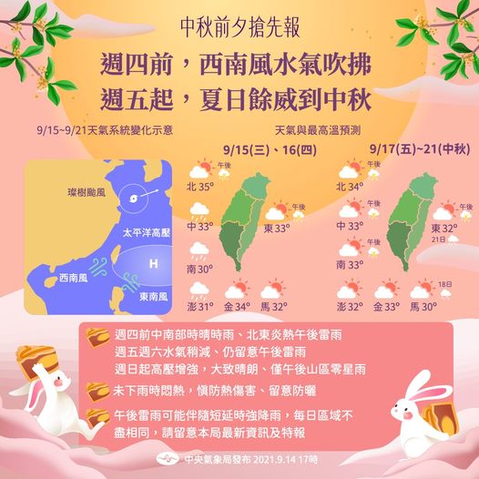 週五至中秋節太平洋高壓西伸。(圖/翻攝自中央氣象局)