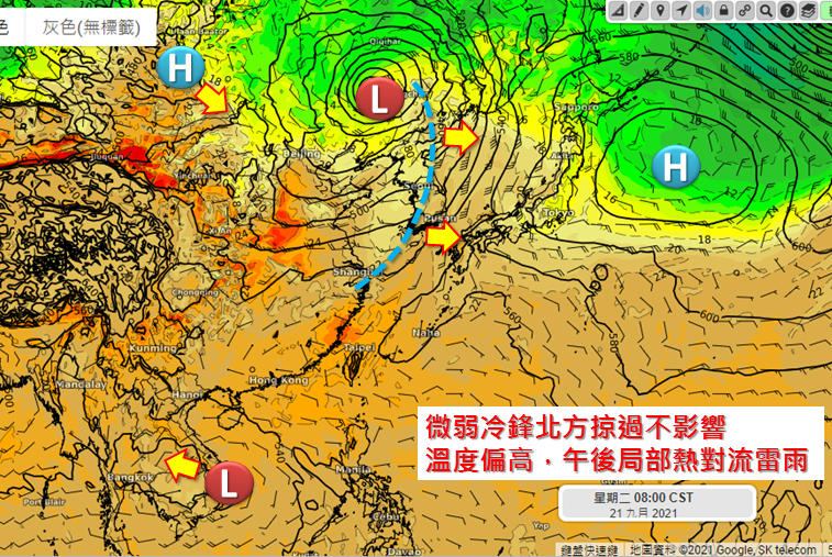 北方有微弱鋒面要通過。(圖/翻攝自天氣職人-吳聖宇Facebook)