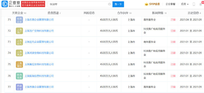 張庭註銷以本名張淑琴擔任法定代表人的9間公司。(圖/翻攝自企查查微博)