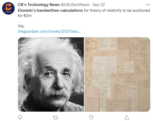 愛因斯坦早期廣義相對論手稿曝光。(圖/翻攝自@CKsTechNews推特)
