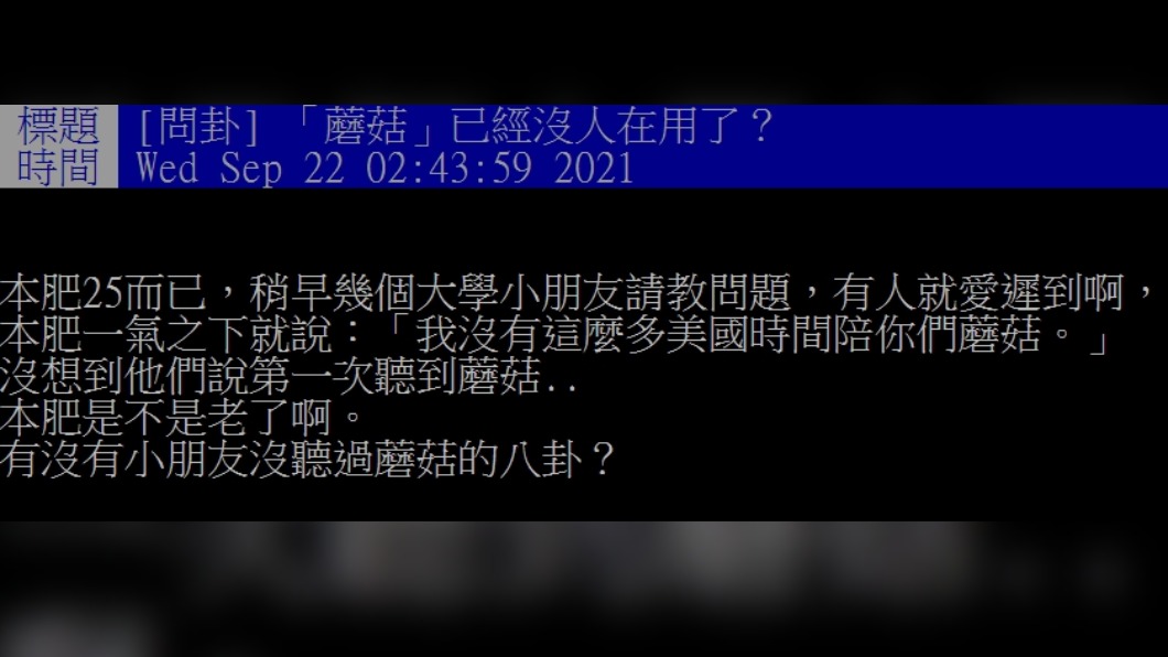 25歲網友對學生講「蘑菇」沒有人聽過。(圖/PTT網友授權提供)