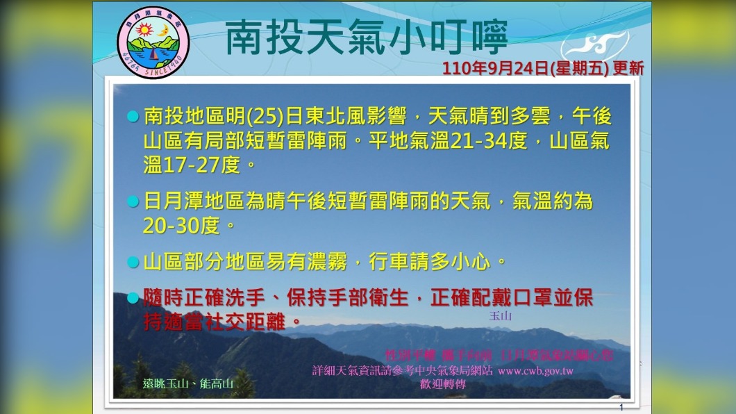 日月潭氣象站說明,明(25)日午後山區有局部雷陣雨。(圖/翻攝自日月潭氣象站臉書)