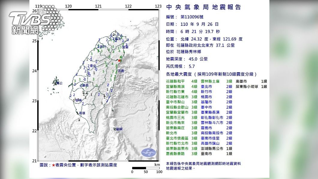 花蓮秀林規模5.7地震 氣象局:未來2天恐有餘震