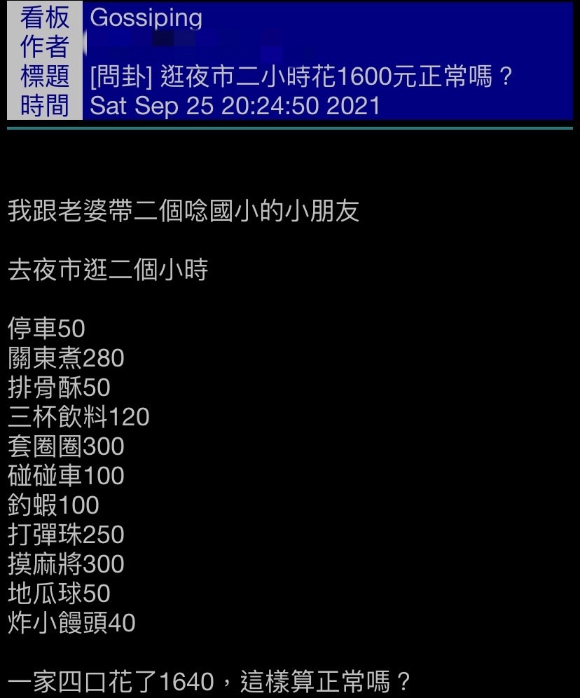 網友覺得一家四口逛夜市花1640元不合理。(圖/翻攝自PTT)